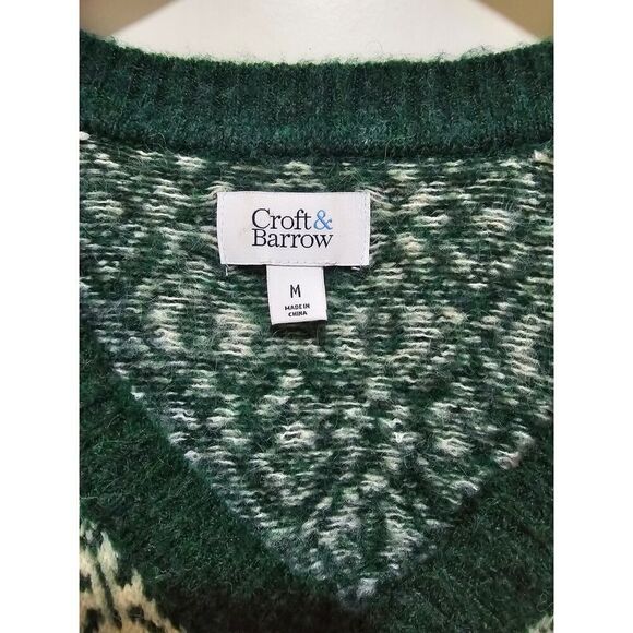 Croft & Barrow Jacquard Sweater Green Christmas Grandpa Core V Neck Size M - Picture 3 of 8